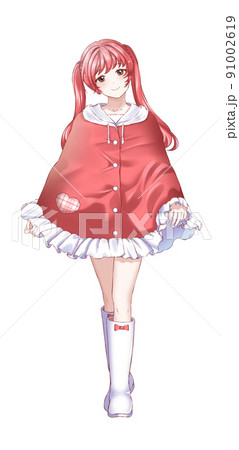 ポンチョを着たツインテール赤担当の女の子のイラスト素材