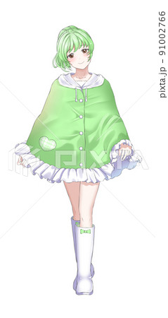 ポンチョを着たポニーテール緑担当の女の子のイラスト素材 [91002766 ...