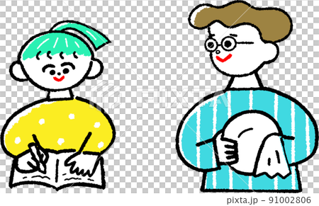 女孩學習和丈夫做家務的時尚父母和孩子的插圖 91002806