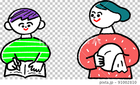Illustration of a fashionable parent and child of a boy studying and a mother doing housework Illustration of a fashionable parent and child of a boy studying and a mother doing housework 91002810