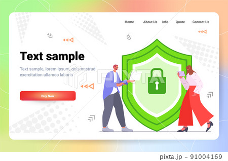 businesspeople near protection shield with padlock data security concept horizontal full length 91004169