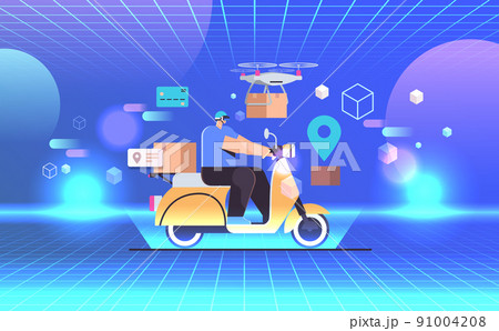 man courier in vr glasses riding scooter express delivery service virtual reality vision headset innovation metaverse 91004208