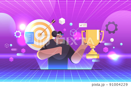 businesswoman in digital vr glasses holding trophy cup victory achievement virtual reality vision headset innovation metaverse 91004229