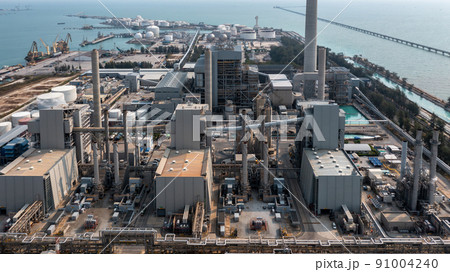 Aerial view electric plants turbine generator in the power plant, Gas turbine electrical power plant electricity generating station industry. Aerial view electric plants turbine generator in the power plant, Gas turbine electrical power plant electricity generating station industry. 91004240