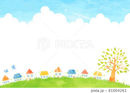 優しい手描きの街並みと大樹の風景イラスト 91004261