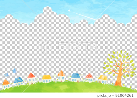 優しい手描きの街並みと大樹の風景イラスト 91004261