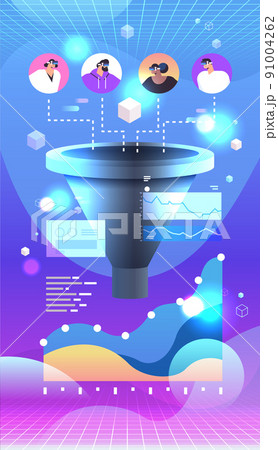 mix race customers or employees wearing digital glasses metaverse virtual reality technology sales funnel cone internet marketing 91004262