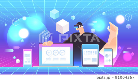 businessman in vr glasses analyzing financial statistics charts and graphs on digital gadgets virtual reality vision headset innovation 91004267