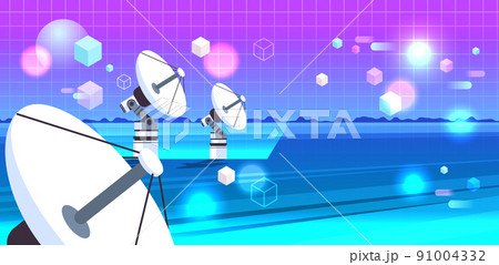 neon satellite connection space exploration dish antenna view through VR glasses metaverse virtual reality technology 91004332