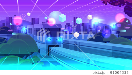neon town with skyscrapers and monorail train on bridge view through VR glasses metaverse virtual reality technology 91004335