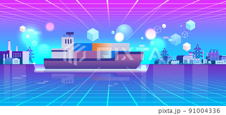 neon container ship at industrial port view through VR glasses logistic and transportation metaverse virtual reality technology 91004336