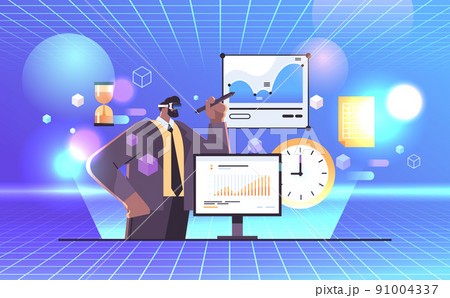 businessman in digital VR glasses analyzing statistics data exploring virtual reality vision headset innovation metaverse 91004337