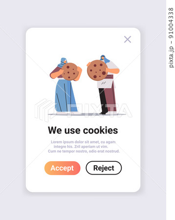 man woman holding cookie protection of personal information internet web pop up we use cookies policy notification 91004338