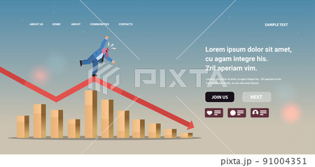 arab businessman standing on downward red arrow recession financial crisis bankruptcy concept arab businessman standing on downward red arrow recession financial crisis bankruptcy concept 91004351