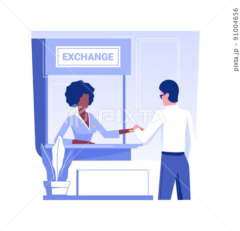 Currency exchange isolated concept vector illustration. Brick and mortar bank worker gives money to the client, cash deposit and withdrawal, currency exchange, remittance idea vector concept. 91004656