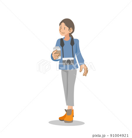 カメラを持って散策を楽しむ女性 カメラを持って散策を楽しむ女性 91004921