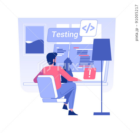Software tester isolated concept vector illustration. Man with cat tests software from home, IT company QA team, remote job, digital nomad, self-employed professional vector concept. Software tester isolated concept vector illustration. Man with cat tests software from home, IT company QA team, remote job, digital nomad, self-employed professional vector concept. 91005217