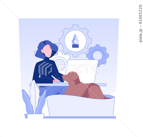 Graphic designer isolated concept vector illustration. Woman with dog working from home, graphic designer, remote job, IT business professional, self-employed digital nomad vector concept. Graphic designer isolated concept vector illustration. Woman with dog working from home, graphic designer, remote job, IT business professional, self-employed digital nomad vector concept. 91005220