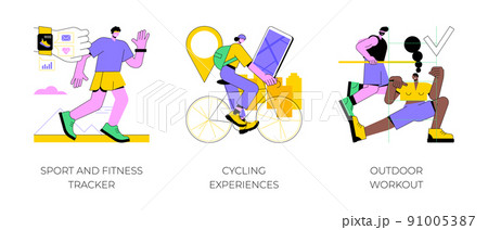 Active lifestyle abstract concept vector illustration set. Sport and fitness tracker, cycling experiences, outdoor workout, bike ride, street gym, exercise program, health monitor abstract metaphor. Active lifestyle abstract concept vector illustration set. Sport and fitness tracker, cycling experiences, outdoor workout, bike ride, street gym, exercise program, health monitor abstract metaphor. 91005387