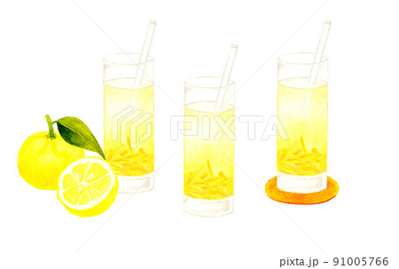グラスに入った柚子茶のセット　飲み物の手描き水彩イラスト素材集 91005766