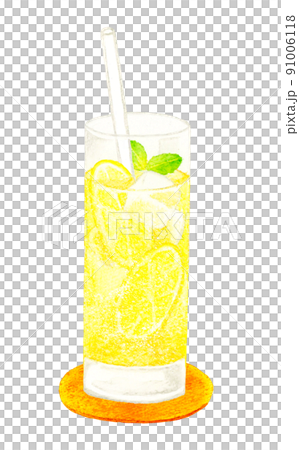 玻璃杯中的檸檬水（帶吸管和杯墊）飲料用手繪水彩插圖材料 91006118