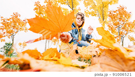 happy kid in fall foliage among autumn trees happy kid in fall foliage among autumn trees 91006521