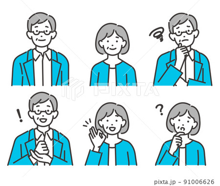 様々な表情のシニア夫婦の上半身のベクターイラスト素材／悩む／解決／老夫婦 91006626