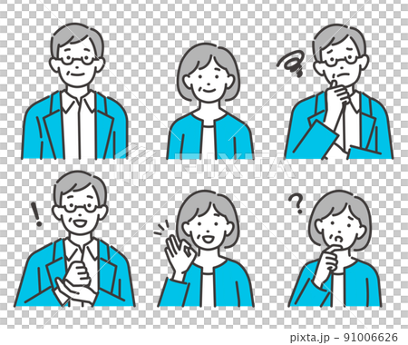 様々な表情のシニア夫婦の上半身のベクターイラスト素材／悩む／解決／老夫婦 91006626