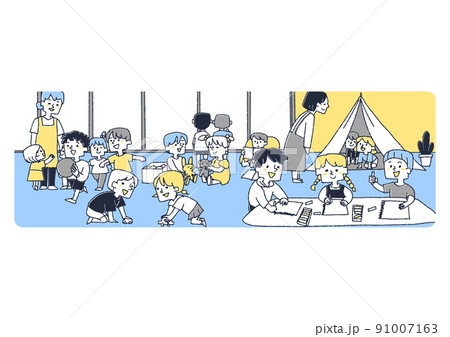 保育園、幼稚園の室内でで元気よく遊ぶ子供達 保育園、幼稚園の室内でで元気よく遊ぶ子供達 91007163