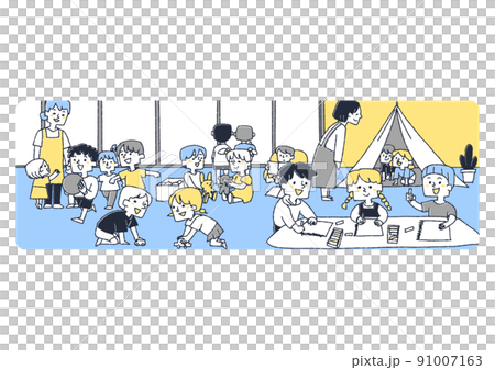 保育園、幼稚園の室内でで元気よく遊ぶ子供達 保育園、幼稚園の室内でで元気よく遊ぶ子供達 91007163