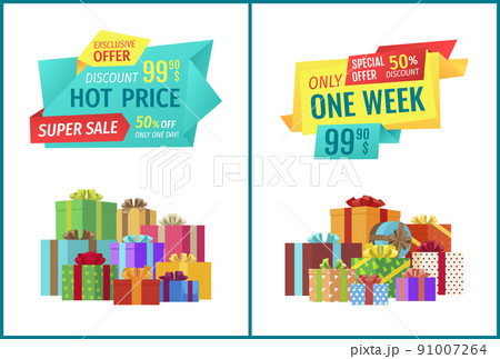 Special offer vector banner with pile of boxes 91007264