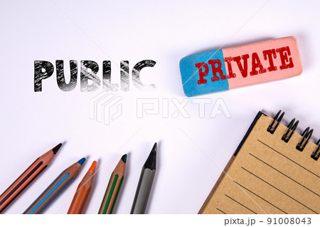 Private and Public. Eraser and pencils on the office desk Private and Public. Eraser and pencils on the office desk 91008043