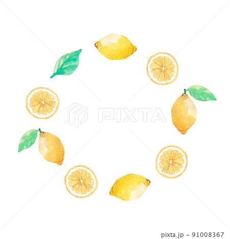 イラスト素材 水彩絵の具で手描きしたフレッシュレモンリース 円形に配置 正方形 背景 切り抜きのイラスト素材