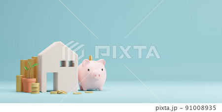 Home and piggy bank gold coins with copy space 3D render 91008935