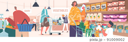 People Visiting Supermarket. Happy Man and Woman Choosing Products in Store, Old and Young Characters Walk at Shop 91009002