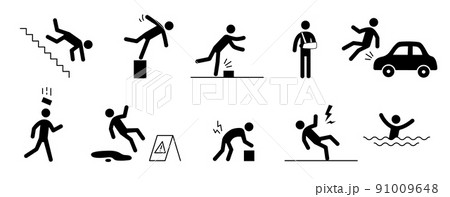 Accident pictogram man icon. Car accident, injury arm, stumble pictogram sign set. Warning, danger icon stick man 91009648