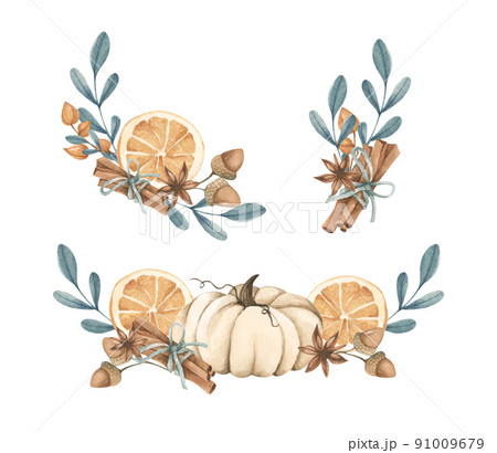Watercolor autumn bouquet. Isolated on white background. 91009679