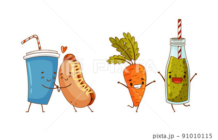 Fast food set. Soda drink and hot dog, carrot and smoothie are friends forever cartoon vector illustration Fast food set. Soda drink and hot dog, carrot and smoothie are friends forever cartoon vector illustration 91010115
