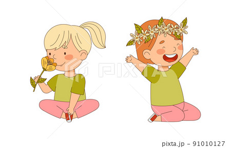Happy little girls smelling spring flowers and weaving wreath cartoon vector illustration 91010127