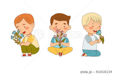 Happy little boys holding and smelling spring flowers set cartoon vector illustration Happy little boys holding and smelling spring flowers set cartoon vector illustration 91010134