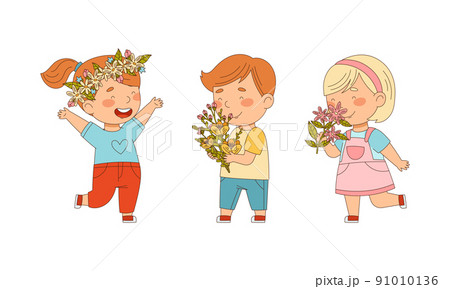 Happy little children holding of spring or summer flowers set cartoon vector illustration 91010136