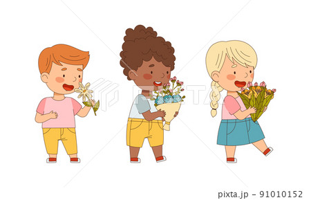 Cute kids holding bouquet of spring flowers set cartoon vector illustration 91010152