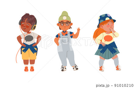 Set of cute little children wearing fashionable stylish clothes listening music and waving hand in greeting vector illustration Set of cute little children wearing fashionable stylish clothes listening music and waving hand in greeting vector illustration 91010210