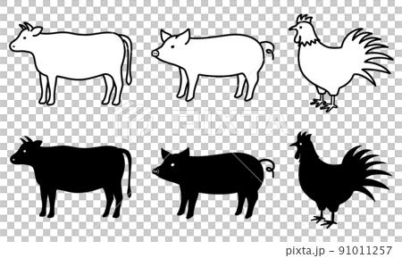 豚 牛 鶏のシルエットと線画のイラスト素材