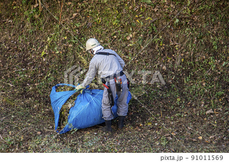 草刈りした雑草を捨てるためにビニールシートに包み運搬する植木職人 草刈りした雑草を捨てるためにビニールシートに包み運搬する植木職人 91011569