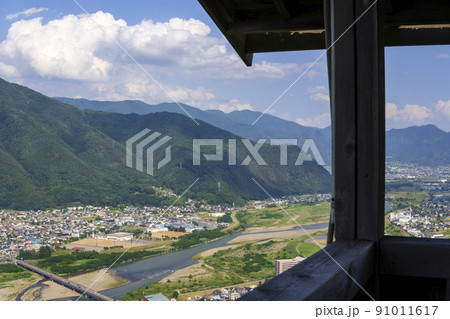荒砥城跡の櫓から見た千曲川と葛尾城跡／長野県【千曲市城山史跡公園】 91011617