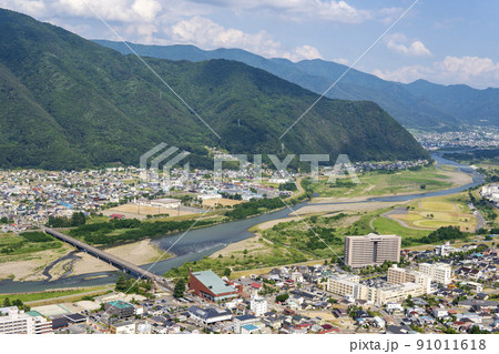 荒砥城跡の櫓から見た葛尾城跡と戸倉上山田温泉／長野県【千曲市城山史跡公園】 91011618