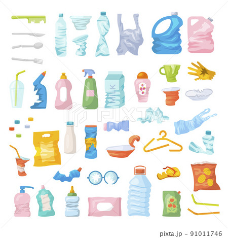 Plastic waste. Recycling garbage empty boxes and bottles package pile recent vector cartoon illustrations Plastic waste. Recycling garbage empty boxes and bottles package pile recent vector cartoon illustrations 91011746