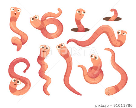 Worms. Cartoon insects in action poses bugs mascot with funny faces creeping crawlers exact vector illustrations Worms. Cartoon insects in action poses bugs mascot with funny faces creeping crawlers exact vector illustrations 91011786