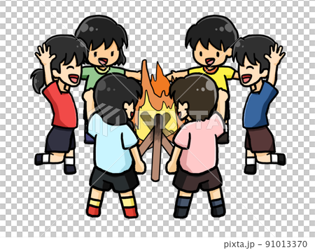 キャンプファイヤーを囲んではしゃぐ人々のイラスト2 91013370